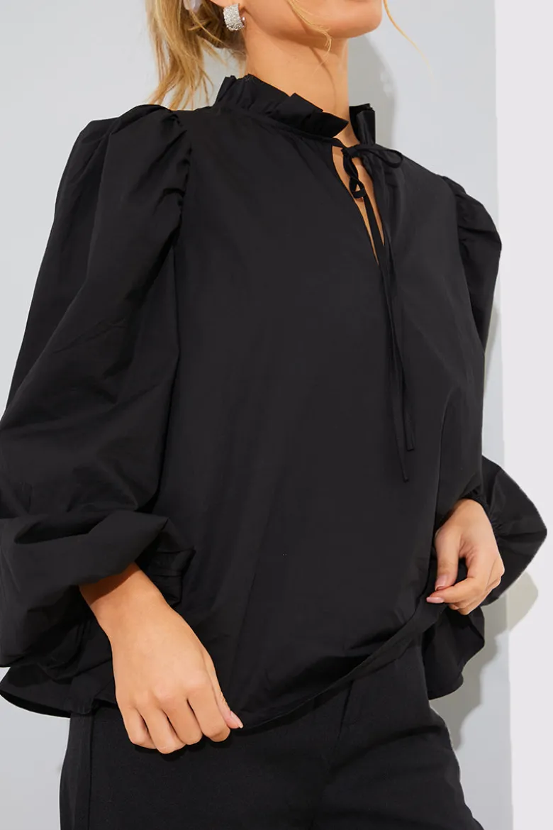 Cotton Puff Sleeve Tie Front Blouse