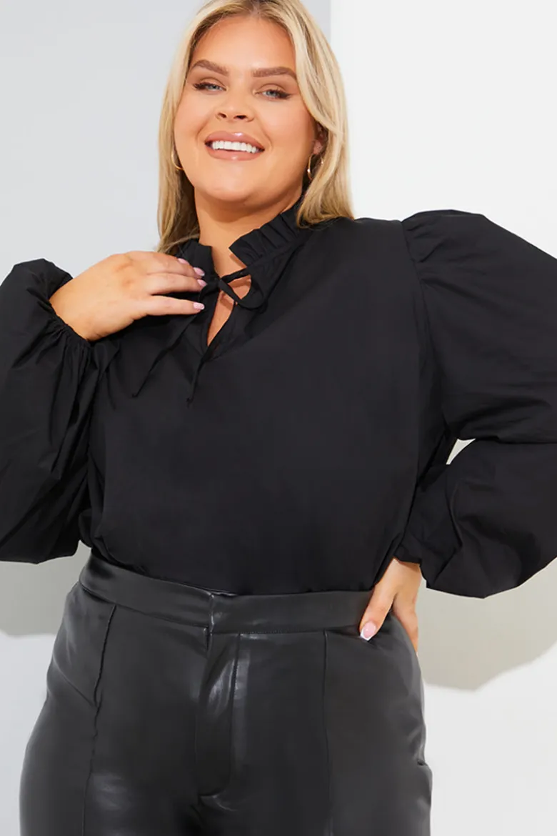 Cotton Puff Sleeve Tie Front Blouse