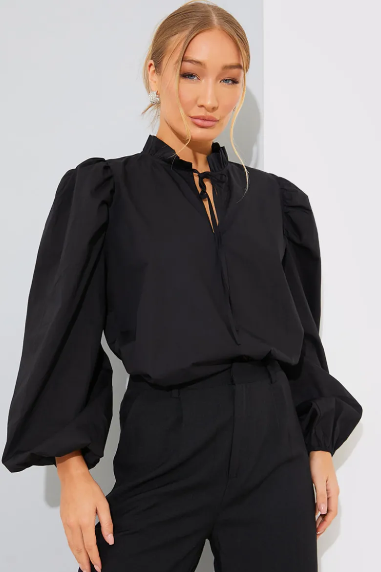 Cotton Puff Sleeve Tie Front Blouse