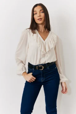 Cream Button Front Frill Bodysuit