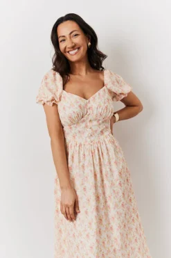 Cream Floral Print Puff Sleeve Milkmaid Midi Dress
