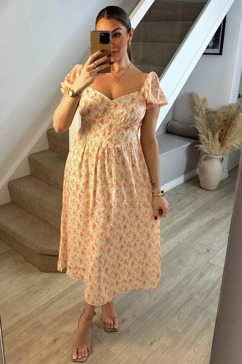 Cream Floral Print Puff Sleeve Milkmaid Midi Dress