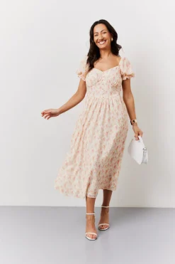 Cream Floral Print Puff Sleeve Milkmaid Midi Dress