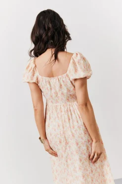 Cream Floral Print Puff Sleeve Milkmaid Midi Dress