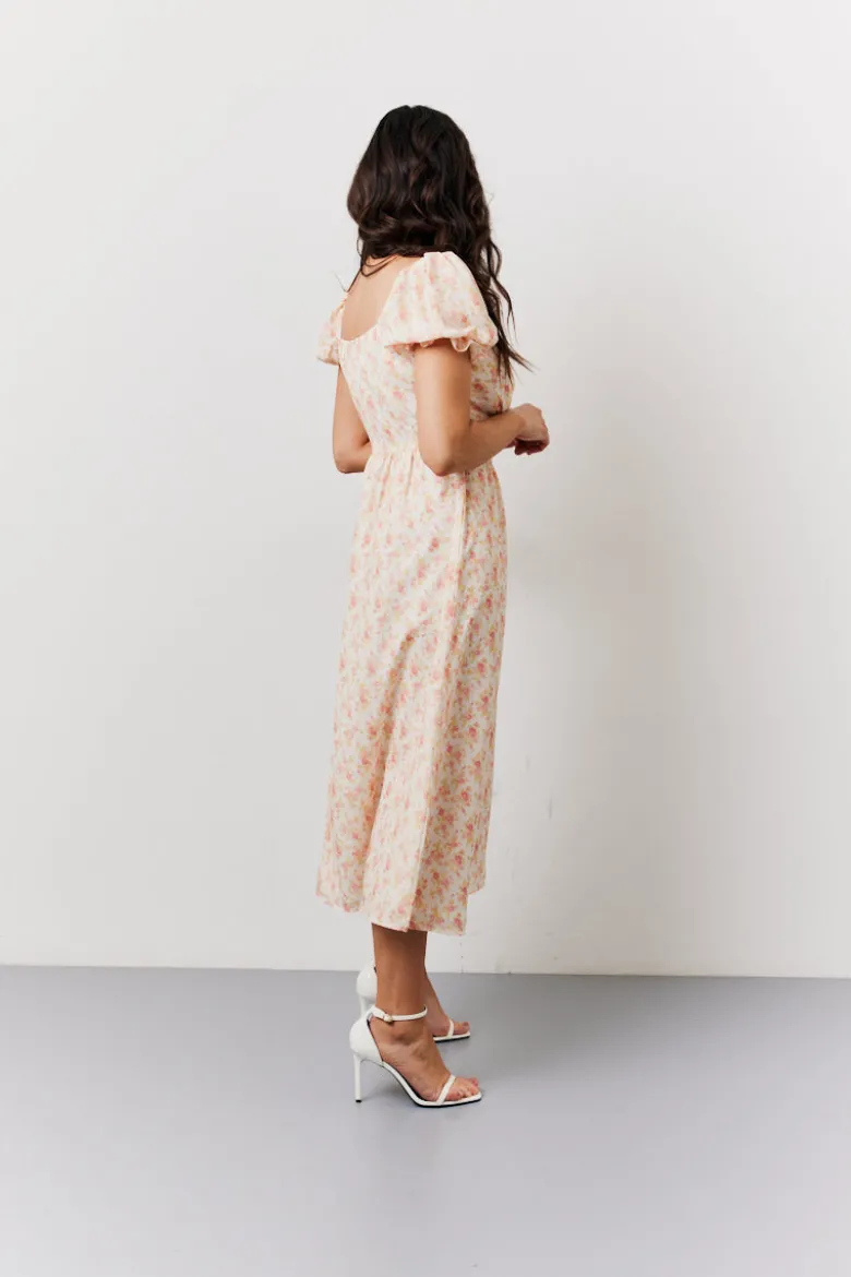 Cream Floral Print Puff Sleeve Milkmaid Midi Dress