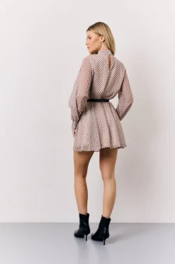 Cream Geometric Print Chiffon High Neck Mini Swing Dress