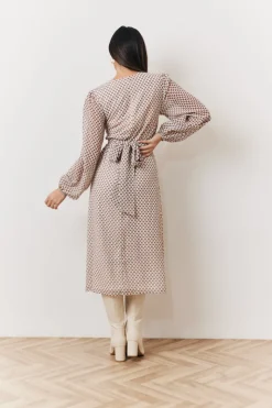 Cream Geometric Print Chiffon Balloon Sleeve Wrap Midi Dress