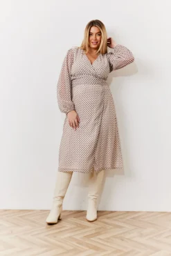 Cream Geometric Print Chiffon Balloon Sleeve Wrap Midi Dress