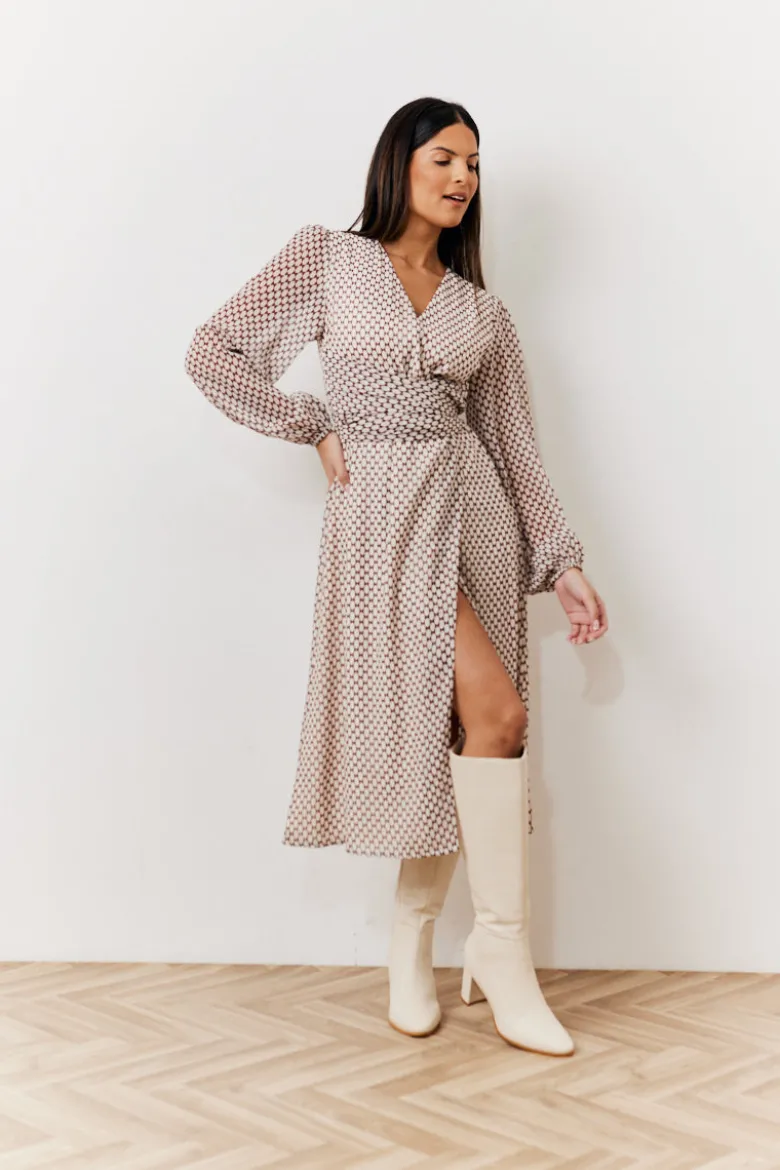 Cream Geometric Print Chiffon Balloon Sleeve Wrap Midi Dress