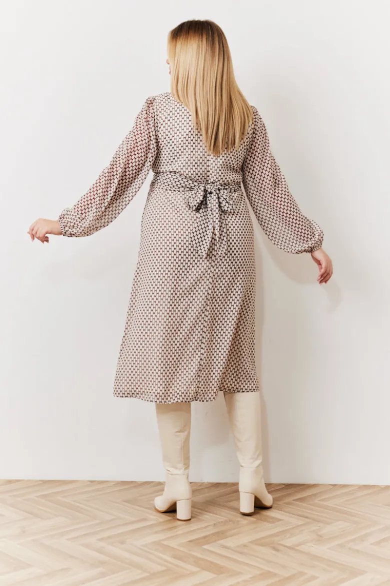 Cream Geometric Print Chiffon Balloon Sleeve Wrap Midi Dress