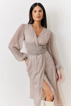 Cream Geometric Print Chiffon Balloon Sleeve Wrap Midi Dress