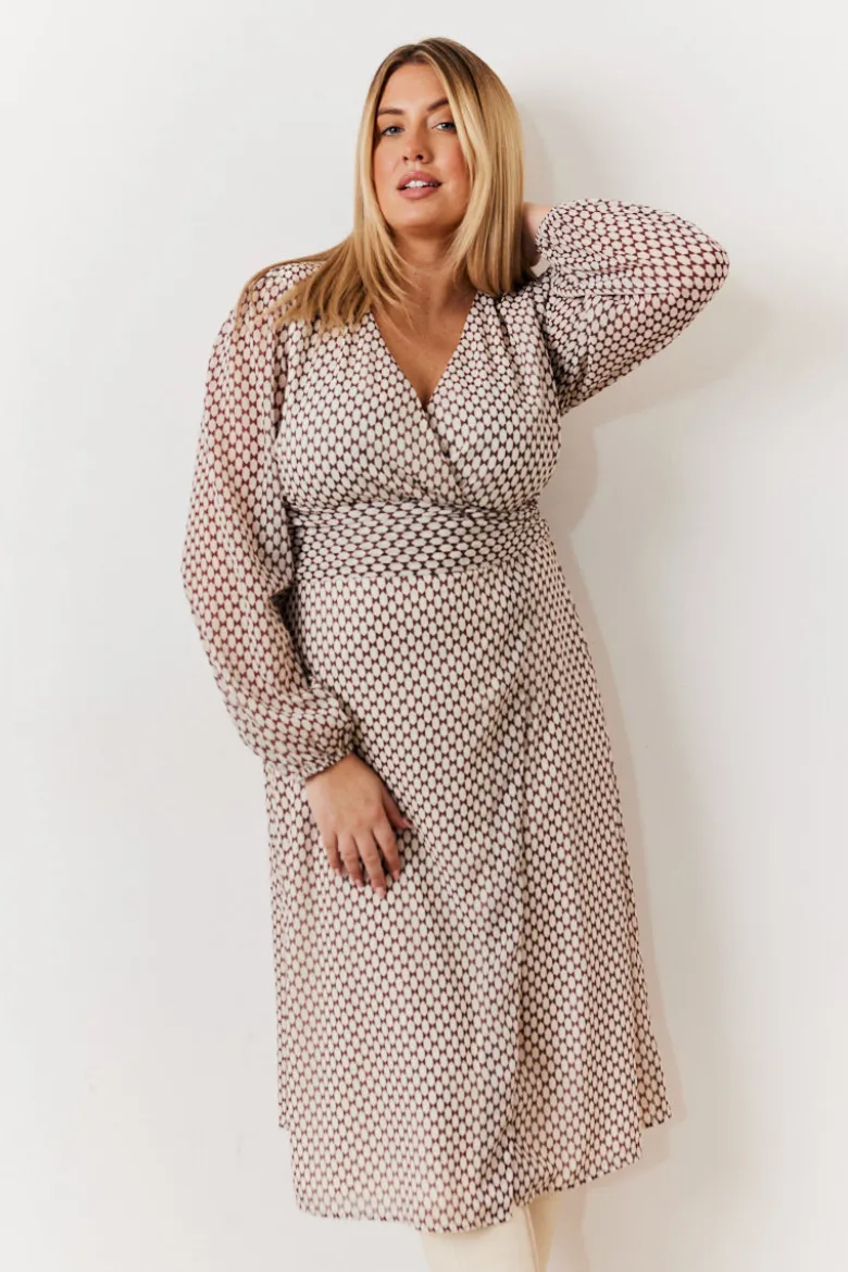 Cream Geometric Print Chiffon Balloon Sleeve Wrap Midi Dress