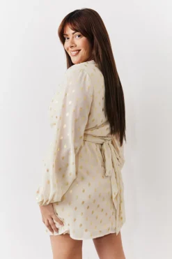 Cream Gold Fleck Detail Belted Mini Dress