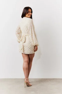 Cream Gold Fleck Detail Belted Mini Dress