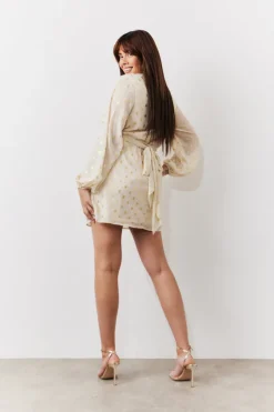 Cream Gold Fleck Detail Belted Mini Dress