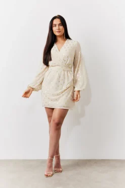 Cream Gold Fleck Detail Belted Mini Dress