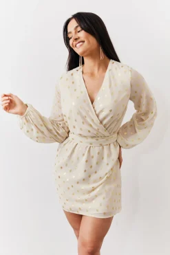 Cream Gold Fleck Detail Belted Mini Dress