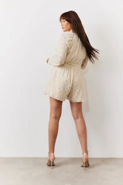 Cream Gold Fleck Detail High Neck Belted Playsuit