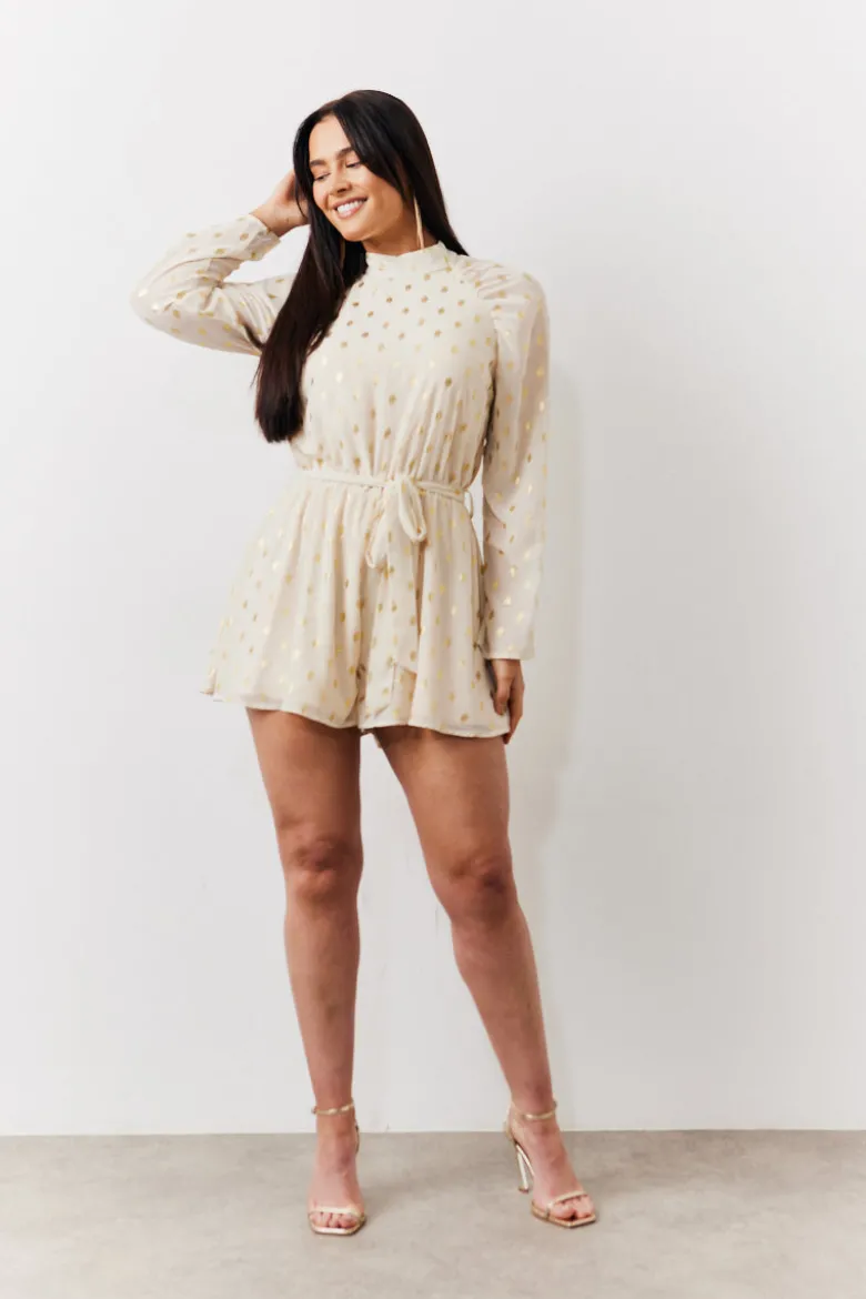 Cream Gold Fleck Detail High Neck Belted Playsuit