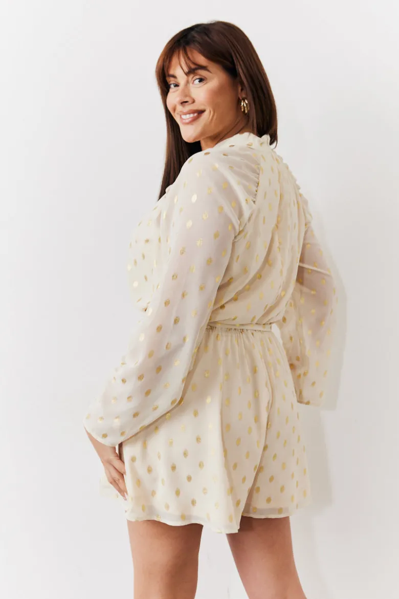 Cream Gold Fleck Detail High Neck Belted Playsuit