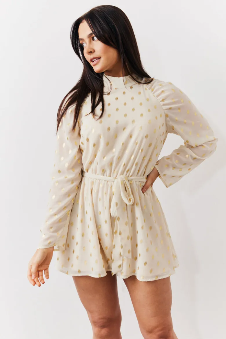 Cream Gold Fleck Detail High Neck Belted Playsuit
