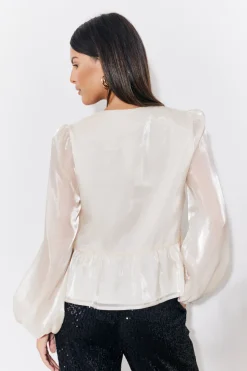 Cream Organza Tie Front Puff Sleeve Top