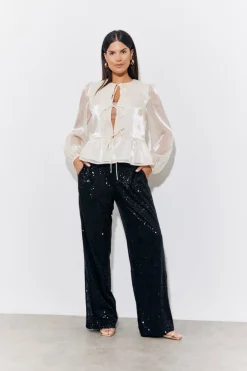 Cream Organza Tie Front Puff Sleeve Top
