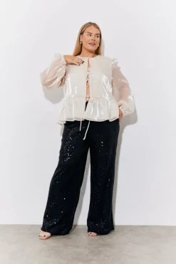 Cream Organza Tie Front Puff Sleeve Top