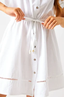 Crochet Insert Linen Look Button Through Mini Dress