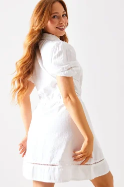 Crochet Insert Linen Look Button Through Mini Dress