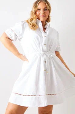 Crochet Insert Linen Look Button Through Mini Dress