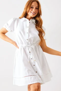 Crochet Insert Linen Look Button Through Mini Dress