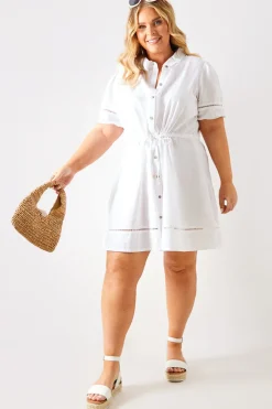 Crochet Insert Linen Look Button Through Mini Dress