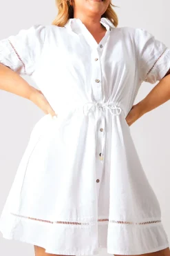 Crochet Insert Linen Look Button Through Mini Dress