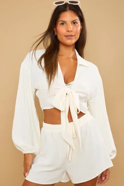 Cropped Tie Front Co-Ord Shirt