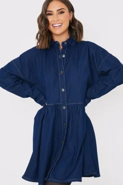 Dark Wash Denim Mini Smock Shirt Dress