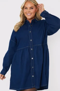 Dark Wash Denim Mini Smock Shirt Dress