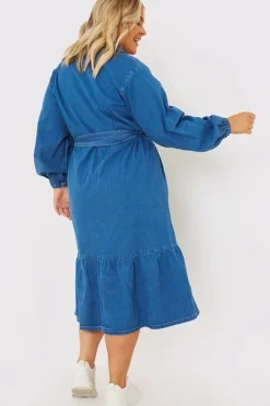 Denim Belted Tiered Midaxi Shirt Dress