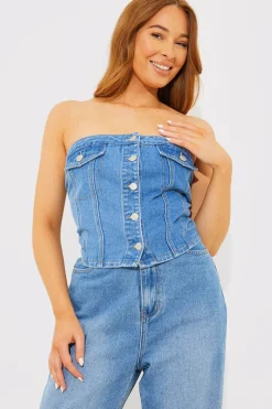 Denim Button Through Bandeau Top