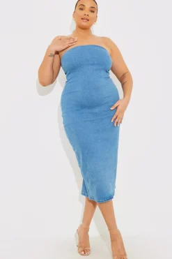 Denim Slim Fit Bandeau Midi Dress