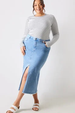 Denim Split Detail Midi Skirt