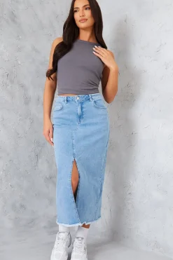 Denim Split Detail Midi Skirt