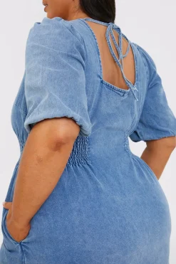 Denim V Neck Shirred Waist Tie Back Mini Dress