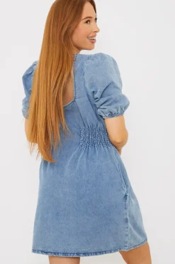 Denim V Neck Shirred Waist Tie Back Mini Dress