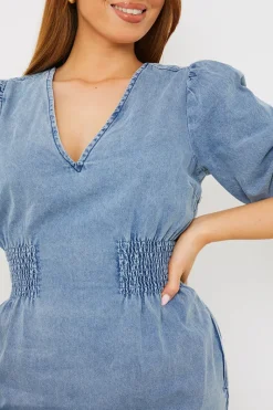 Denim V Neck Shirred Waist Tie Back Mini Dress