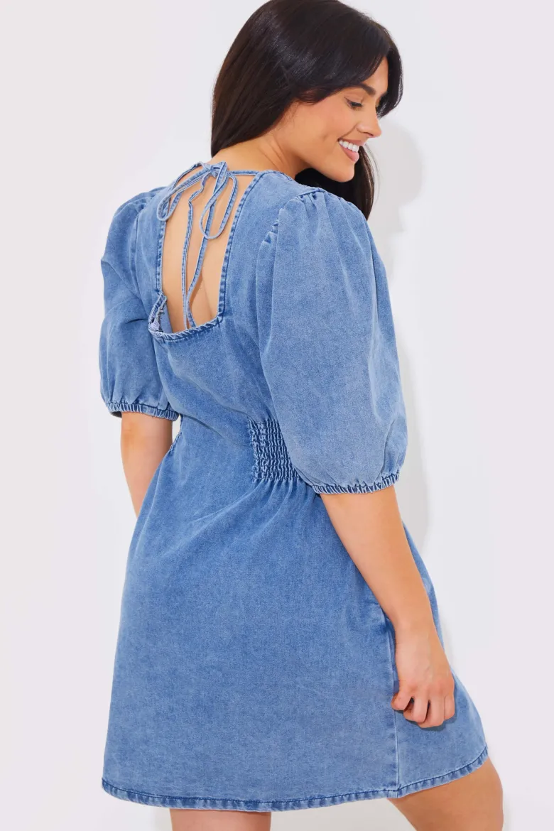 Denim V Neck Shirred Waist Tie Back Mini Dress
