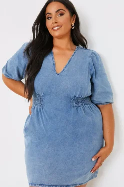 Denim V Neck Shirred Waist Tie Back Mini Dress