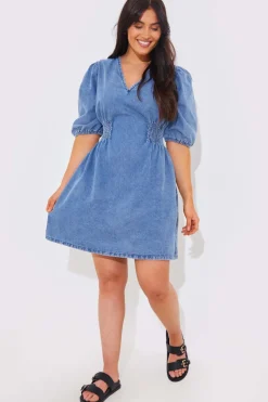 Denim V Neck Shirred Waist Tie Back Mini Dress