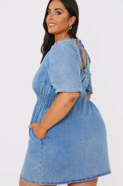 Denim V Neck Shirred Waist Tie Back Mini Dress