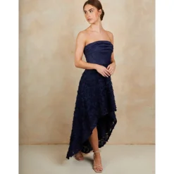 3D Floral Dip Hem Dress in Navy